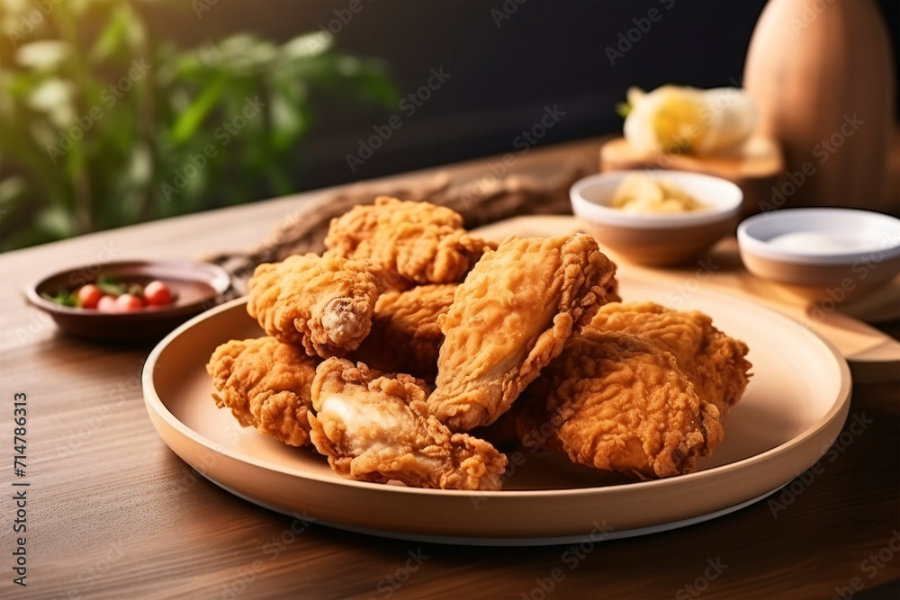 Delicious fried chicken on plate copy space concept Generative AI