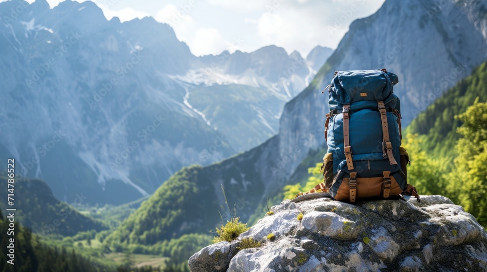 Backpack, trekking poles and sleeping mat in mountains, space for text. Tourism equipment. Backpack, trekking poles and sleeping mat in mountains, space for text. Tourism equipment.