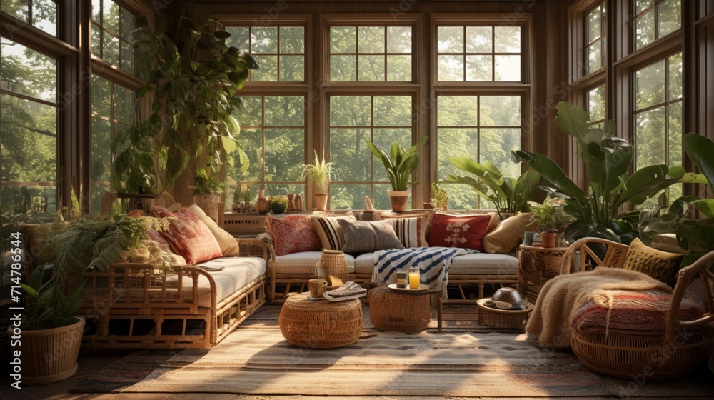Inviting Bohemian Sunroom with Plush Seating and Cozy Décor - AI-Generative Inviting Bohemian Sunroom with Plush Seating and Cozy Décor - AI-Generative