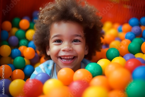 Laughing curly mulatto boy close-up having fun in a ball pit at a children's amusement park and indoor play center, laughing, playing with colorful balls in a ball pit at a playground.