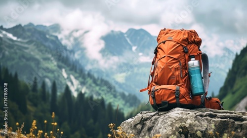 Backpack, trekking poles and sleeping mat in mountains, space for text. Tourism equipment.