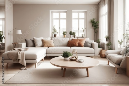 Scandinavian interior home design of modern living room with beige sofa and table with wooden furniture and houseplants near the window © Basileus