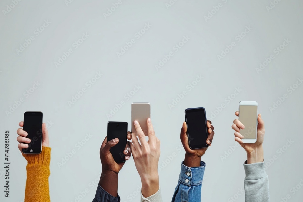 Social media applications. Mobile applications concept. Multi skin color hands raising smartphone - obrazy, fototapety, plakaty 