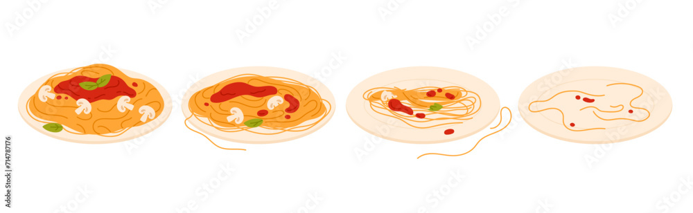 Eating spaghetti with tomato sauce, basil and mushrooms, sequence game animation set. Animated steps of eaten Italian food, plate with pasta, half full and empty bowl cartoon vector illustration - obrazy, fototapety, plakaty 