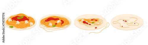 Eating spaghetti with tomato sauce, basil and mushrooms, sequence game animation set. Animated steps of eaten Italian food, plate with pasta, half full and empty bowl cartoon vector illustration