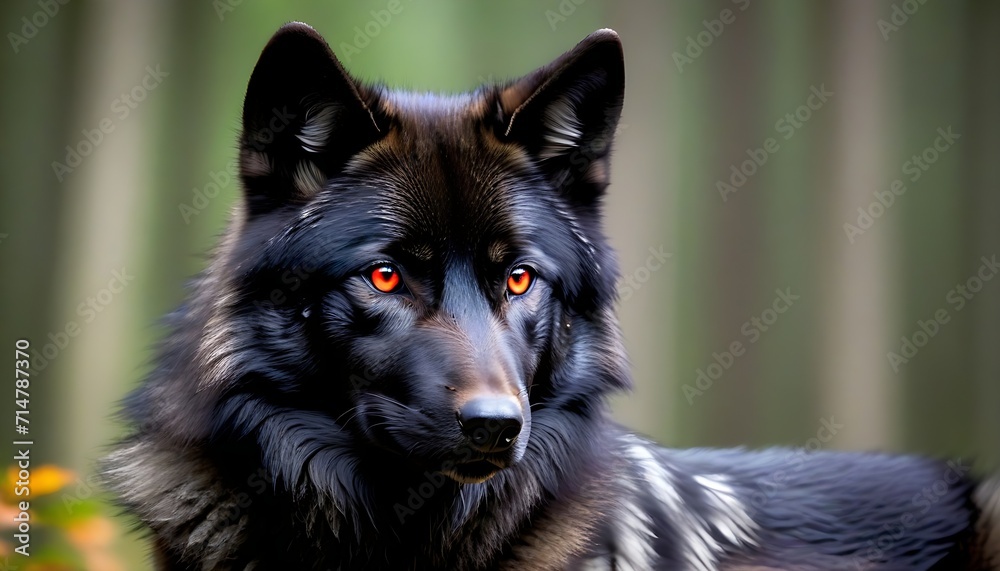 Black wolf with red eyes in  forest  background