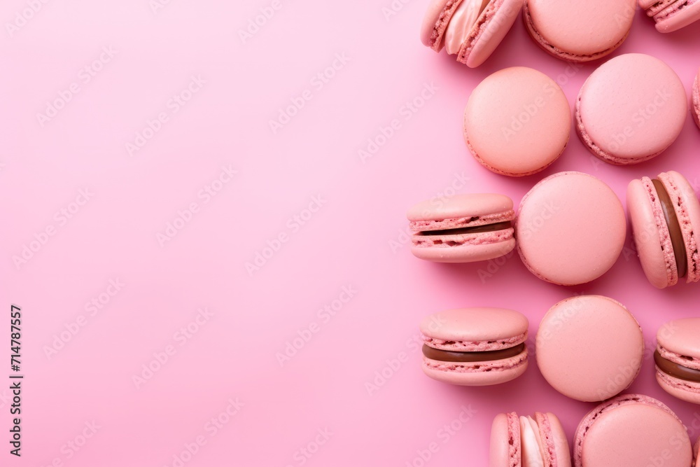 Fototapeta premium pink macaroons cookies minimal background with copy space left. Valentines day, romantic date surprise, cafe special offer flyer template banner.