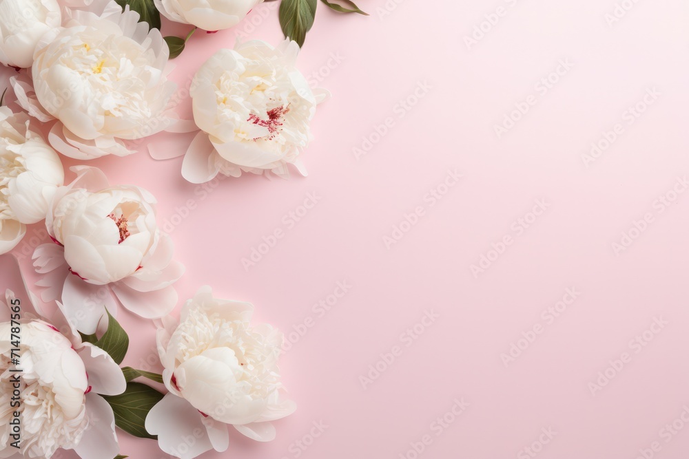 pastel pink minimal background with white peonies and copy space right pastel pink minimal background with white peonies and copy space right