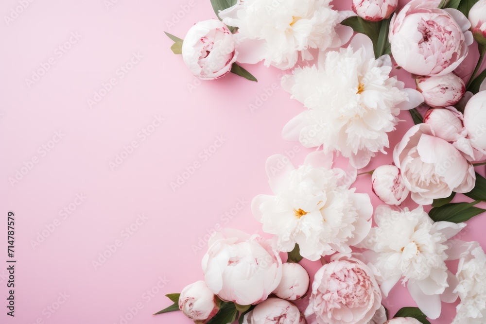 pastel pink minimal background with white peonies and copy space left. Valentines day romantic backdrop. pastel pink minimal background with white peonies and copy space left. Valentines day romantic backdrop.
