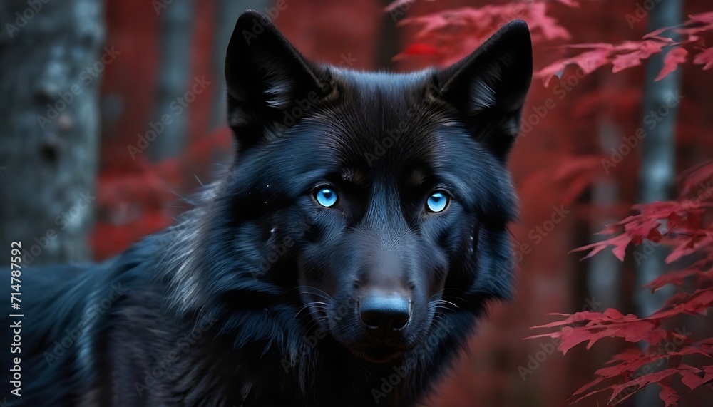 Black wolf with ocean blue eyes in deep red forest background Black wolf with ocean blue eyes in deep red forest background