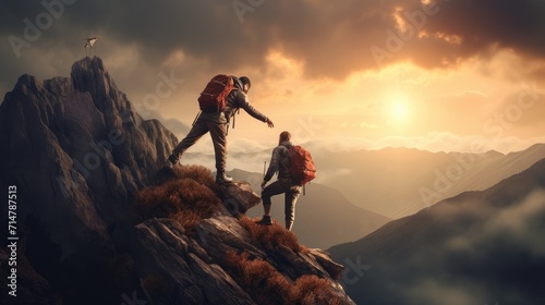 Hiker helping friend reach the mountain top, Generative Ai © Nakron