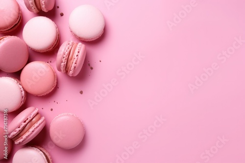 pink macaroons cookies minimal background with copy space right. Valentines day, romantic date surprise, cafe special offer flyer template banner.
