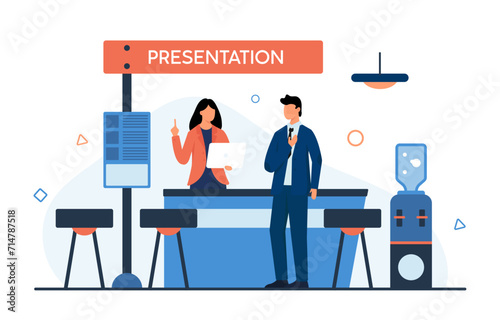 Businessman at promo presentation of business product or brand at exhibition or expo trade show. Man visitor standing at advertising booth stand with exhibits and promoter cartoon vector illustration photo