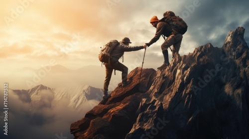 Hiker helping friend reach the mountain top, Generative Ai © Nakron