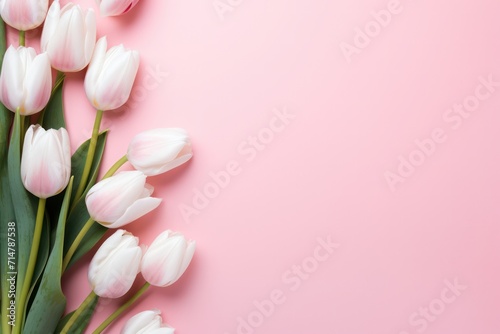 pink minimal background with white tulips and copy space right