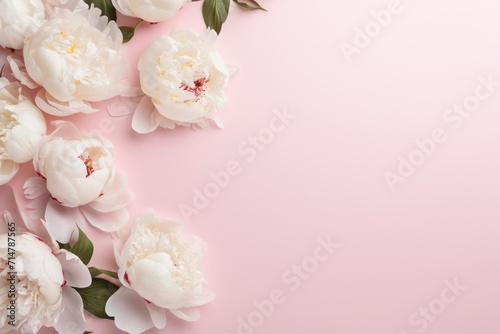 pastel pink minimal background with white peonies and copy space right © Dina