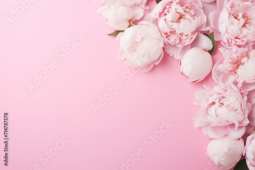 pastel pink minimal background with white peonies and copy space left. Valentines day romantic backdrop.