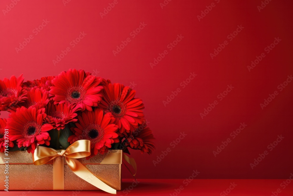 Red Gerbera or Transvaal daisy flower bouquet and golden gift box on minimal background copy space right. Romantic Valentines day, birthday, Mother's day festive banner.