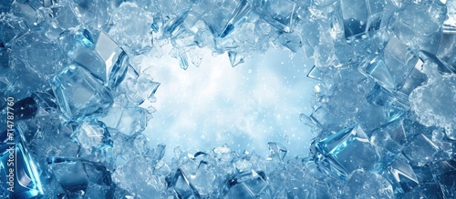 Winter-themed rectangular frame encapsulating frozen glass with a 3D-rendered backdrop of exploded blue ice.