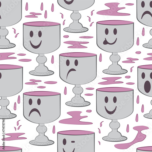 A silver cup, the four cups of the Seder night on Passover. Jewish holiday. Seamless abstract square patterns with vintage groovy daisy flowers. Retro vector background for surface design, textile,