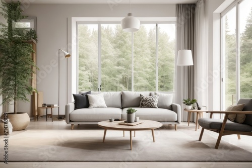 Scandinavian interior home design of modern living room with gray sofa and round wooden table with houseplants  forest view from the window