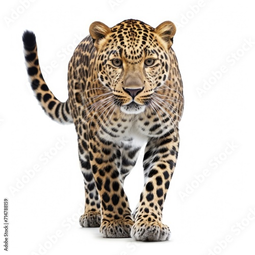 Amur leopard isolated on white background, Panthera pardus, walking against white background