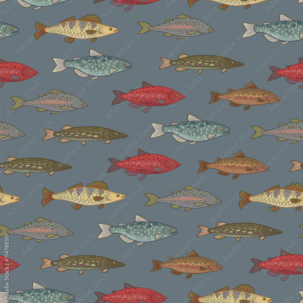 River freshwater fish vector seamless pattern. River freshwater fish vector seamless pattern.
