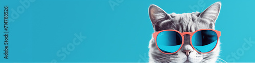 Cat looking up on a blue background banner