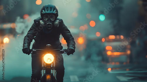 Man on a motorcycle wears gas mask in a smoke-filled city. It conveys health and environmental concerns in society that has problems with air pollution where toxic released from industrial activities.