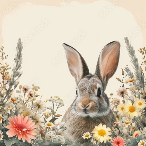Happy Easter Bunny with many colorful easter eggs. Easter background with copy space.