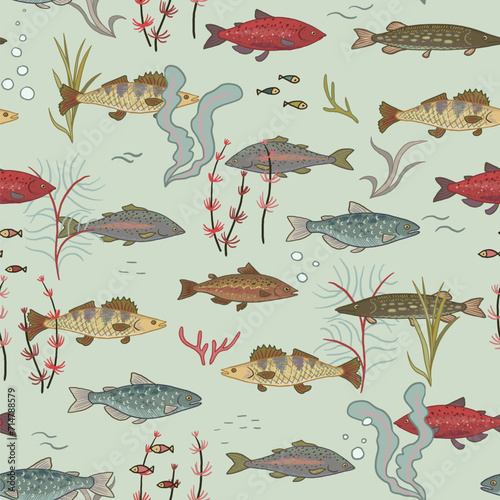 River freshwater fish vector seamless pattern.