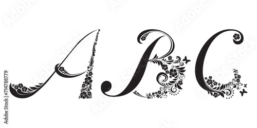 Letter A, B, C  isolated on white. Romantic letter of beautiful flowers. Floral Alphabet.  Illustration
