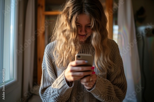 Woman using social media microblogging app on her phone photo