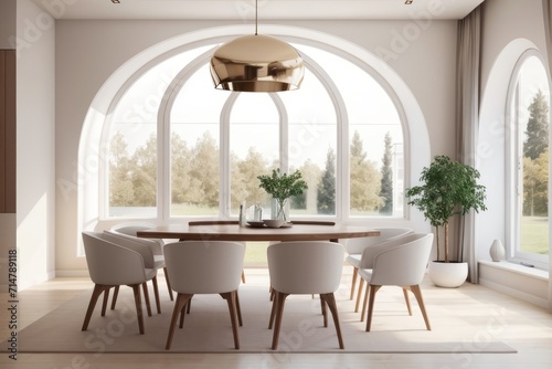 Wallpaper Mural Interior home design of modern dining room with wooden chairs and dining table with houseplants, forest view in arched window Torontodigital.ca