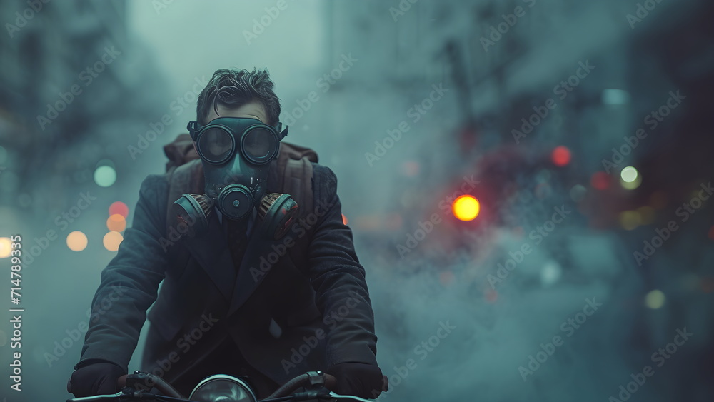 Man on a bicycle wears a gas mask in a smoke-filled city. It conveys health and environmental concerns in society that has problems with air pollution where toxic released from industrial activities. - obrazy, fototapety, plakaty 