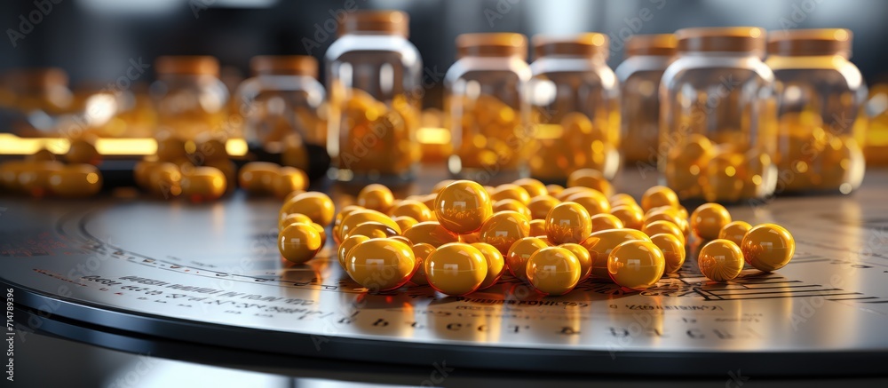 Yellow tablet with white lines, medical chart. Drug and pharmaceutical company concept. copy space background Yellow tablet with white lines, medical chart. Drug and pharmaceutical company concept. copy space background