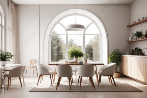 Interior home design of modern dining room with wooden chairs and dining table with houseplants  forest view in arched window