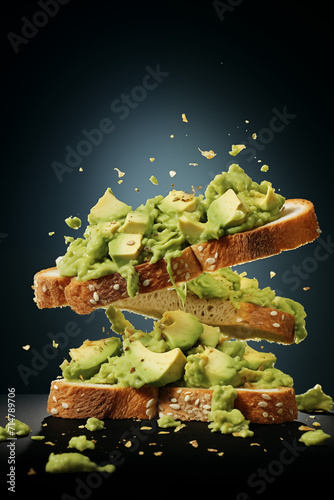 A vibrant image of avocado toast with toppings suspended in air  set against a dark blue background  depicting freshness and vitality. 