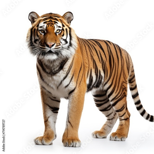 Bengal tiger isolated on white background, tiger standing against white color