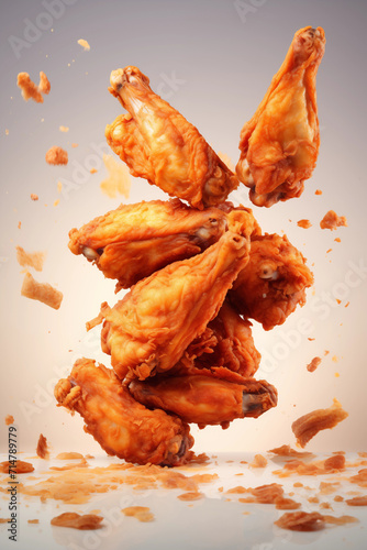 A dynamic display of fried chicken wings, suspended in air with a trail of crispy crumbs against a soft coloredbackground.
 photo