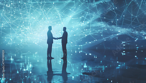 two businessman shaking hands in front of a background with data