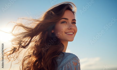 portret młodej brunetki z długimi włosami cieszącej się jasnym słońcem na tle błękitnego nieba