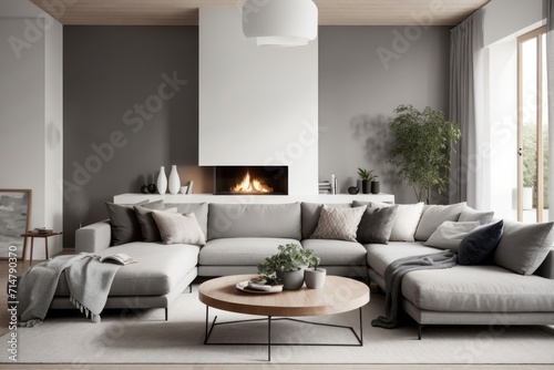 Scandinavian interior home design of modern living room with gray sofa and houseplants with fireplace and gray wall near the window