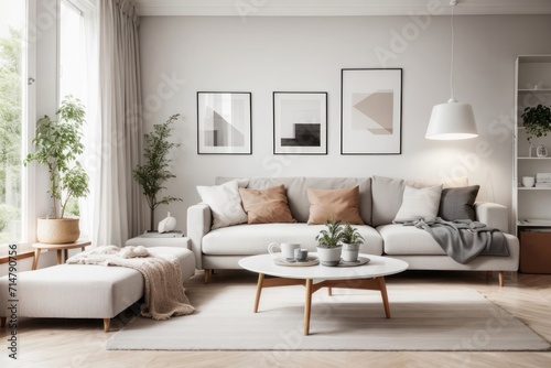 Scandinavian interior home design of modern living room with gray sofa and houseplants with gray wall near the window