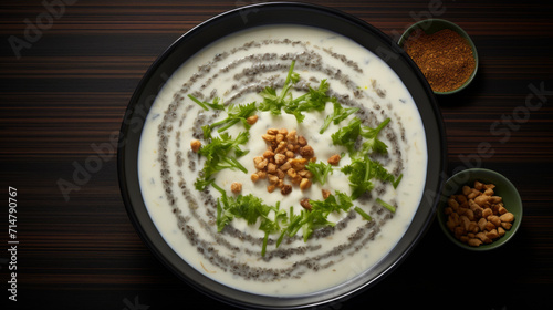 A bowl of creamy and aromatic Bubur Lambuk, a savory porridge made with rice, meat, and spices, perfect for breaking fast during Ramadan