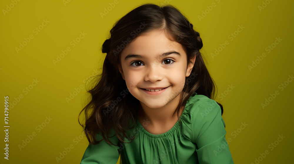 Obraz na płótnie Portret studyjny dziewczynki uśmiechniętej na zielonym tle z dużą ilością wolnego tła w salonie