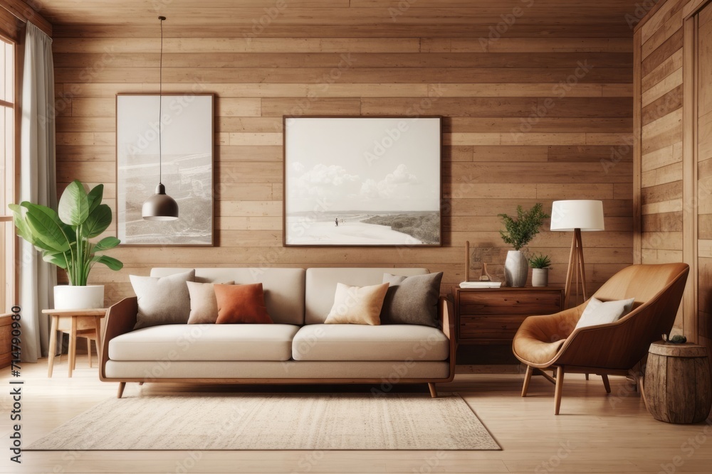 Fototapeta premium Vintage interior home design of modern living room with beige sofa and wooden table with rustic furniture and wooden panel wall