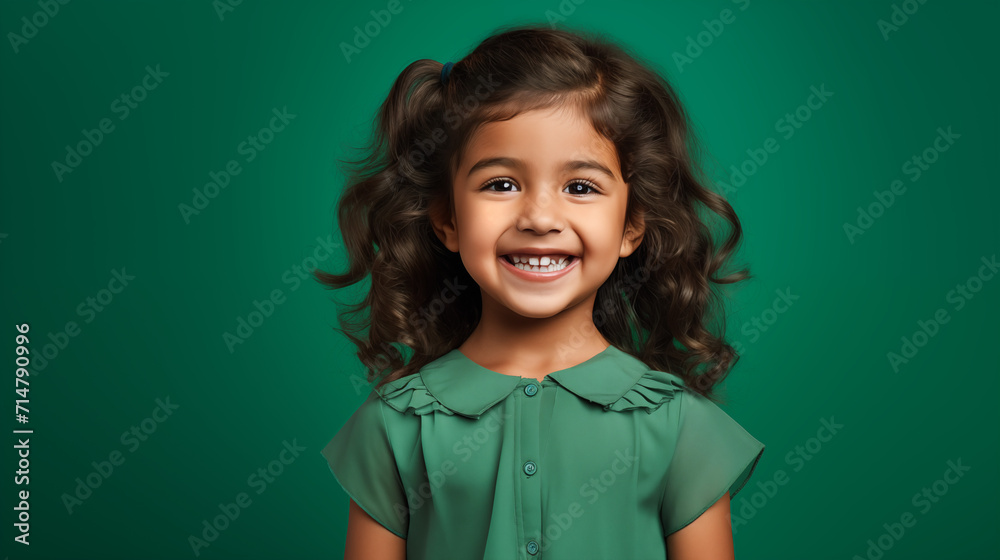 Portret studyjny dziewczynki uśmiechniętej na zielonym tle z dużą ilością wolnego tła - obrazy, fototapety, plakaty 
