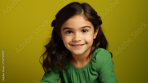 Portret studyjny dziewczynki uśmiechniętej na zielonym tle z dużą ilością wolnego tła