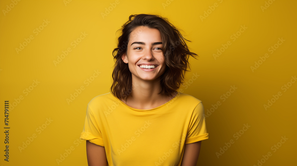 Portret studyjny młodej kobiety uśmiechniętej na żółtym tle z dużą ilością wolnego tła - obrazy, fototapety, plakaty 